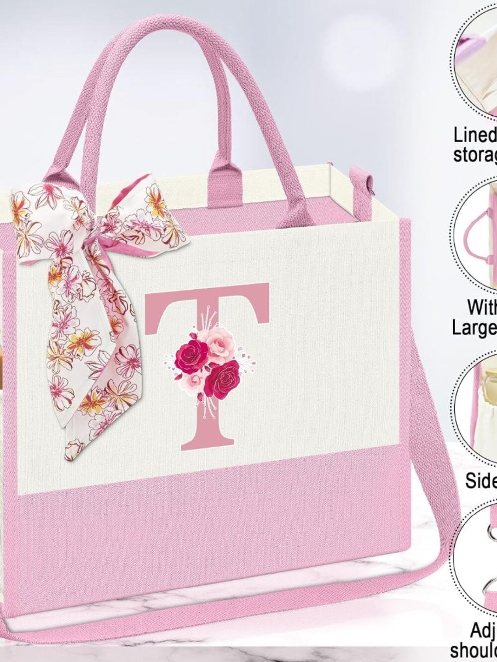 Birthday Gift for Women,Initial Canvas Tote Bag,Personalized Gifts for Women,16o - Picture 3 of 7
